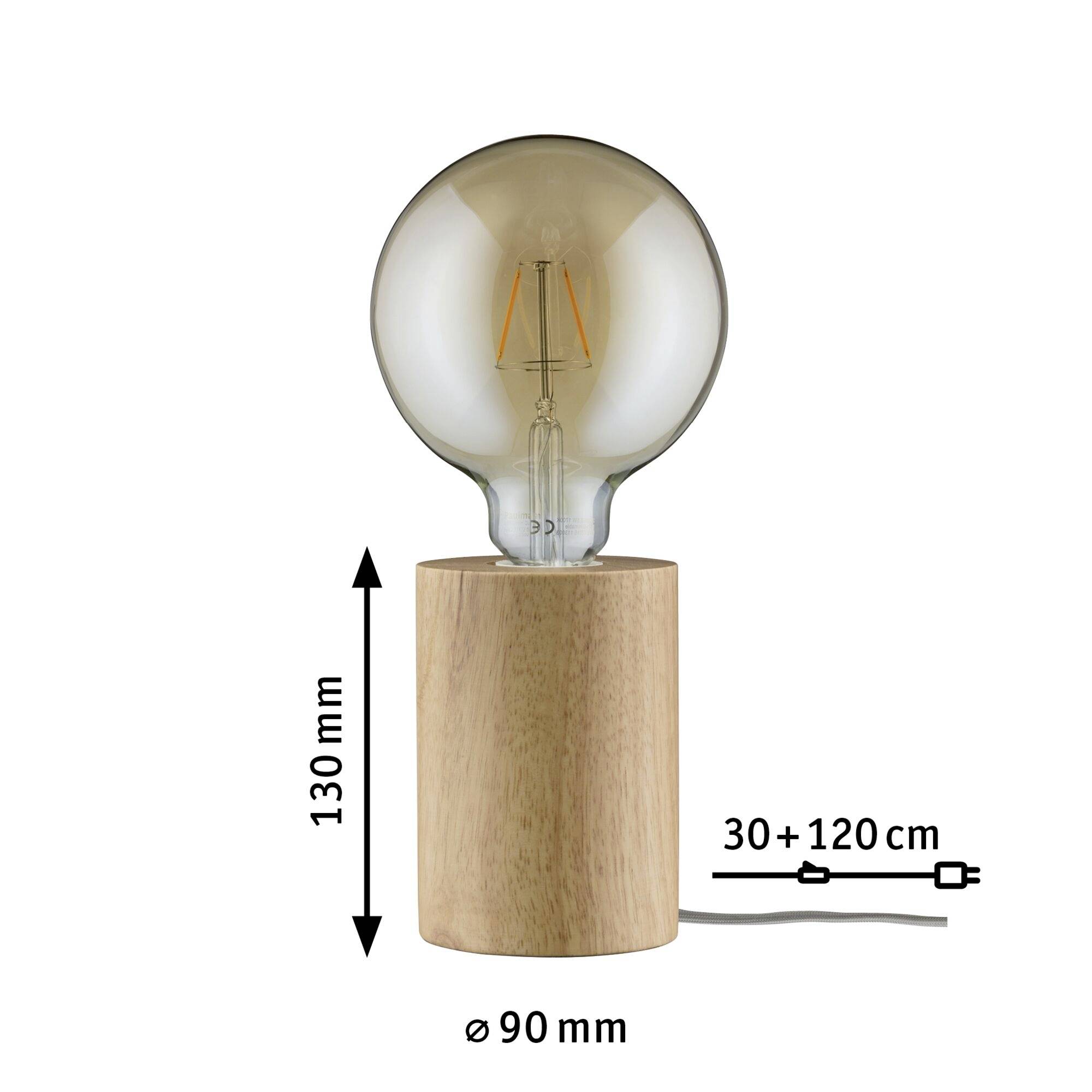 Žiarovka na okrúhlom dreveном podstavci, celkové rozmery: výška 130 mm, priemer podstavca 90 mm, dĺžka kábla 30 + 120 cm.