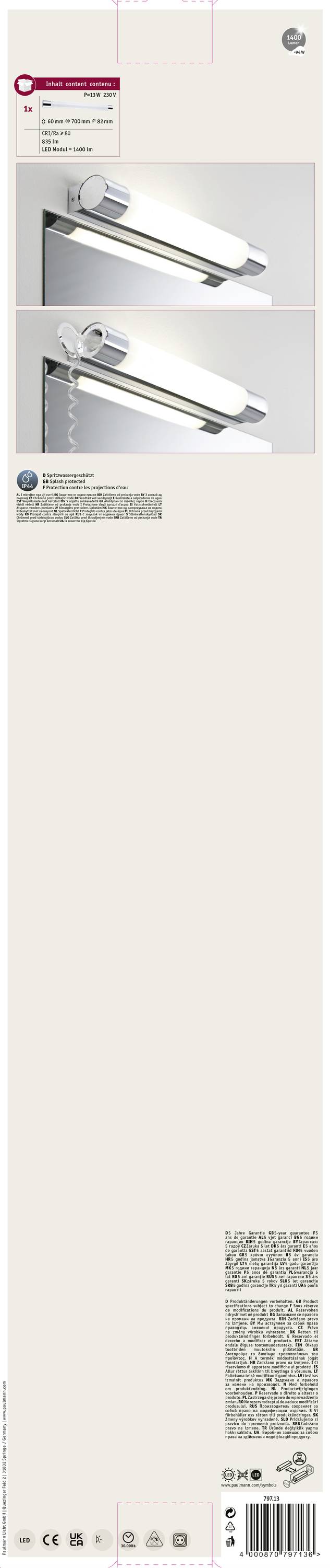 Balenie lampy do kúpeľne. Hore obrázok lampy, nižšie špecifikácie: 5 W, 400 lm, teplá biela. Vhodné do kúpeľne.