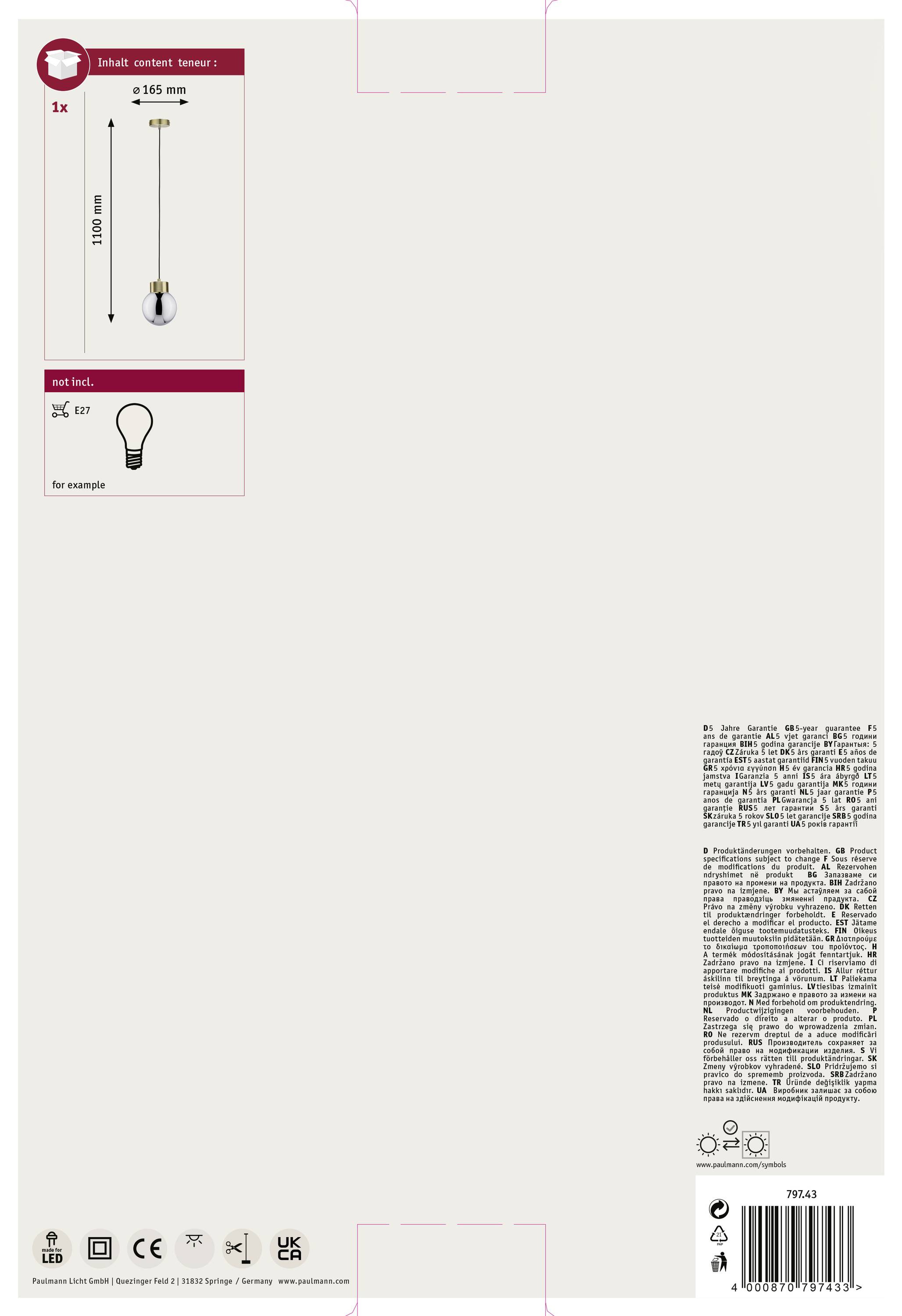 Obal zobrazuje závesné svietidlo s rozmermi: priemer 155 mm, výška 1200 mm, a obsahuje objímku E27.