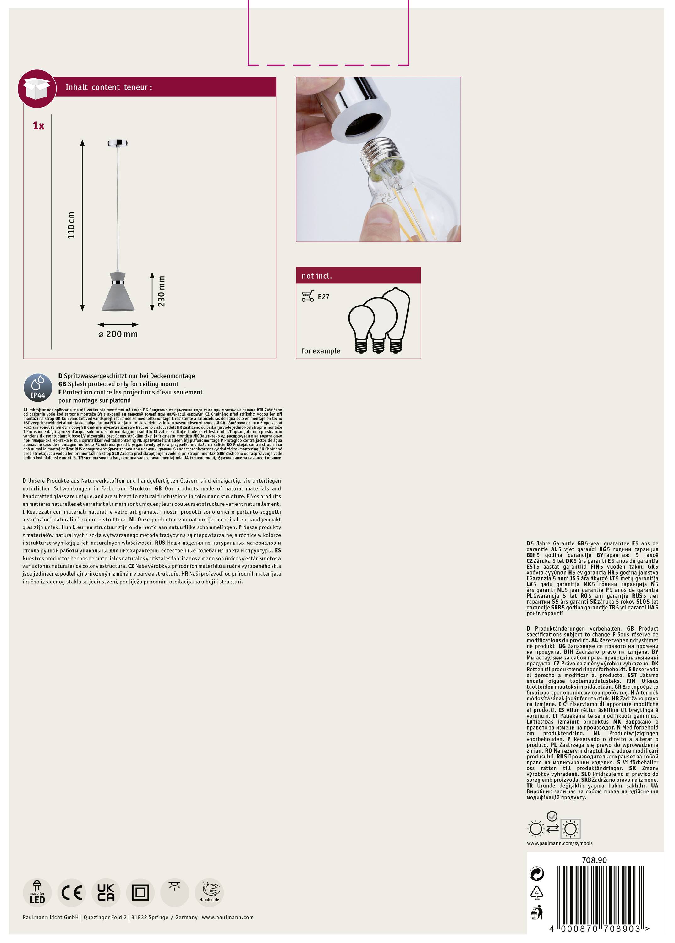 Balenie závesnej lampy s obrázkom svietidla, návodom na montáž a technickými údajmi vrátane rozmerov a možných svetelných zdrojov.