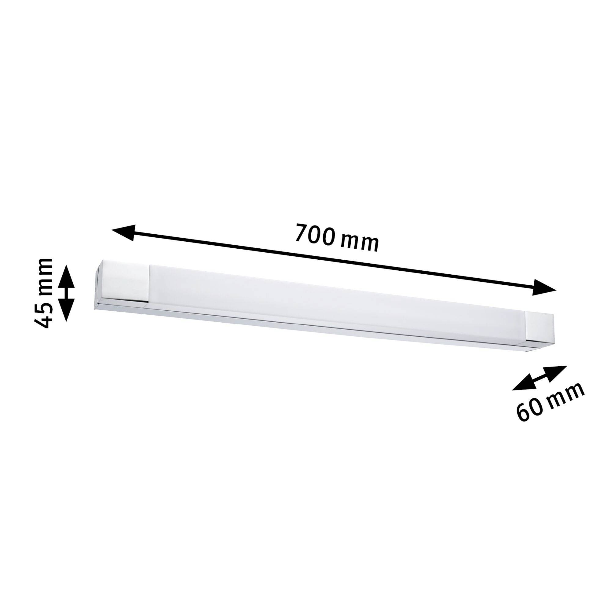 Podlhovastá LED lampa s rozmermi 700 mm dĺžky, 45 mm výšky a 60 mm šírky.