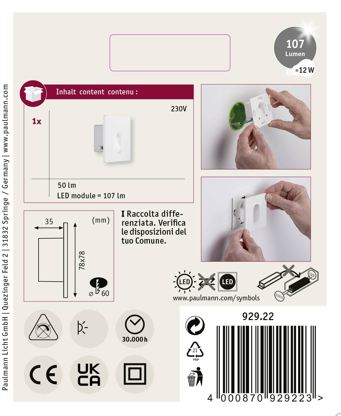 LED modul 107 lúmenov, 12W, 50lm, 230V. Legenda symbolov zobrazuje symboly pre interiér a energetickú triedu.