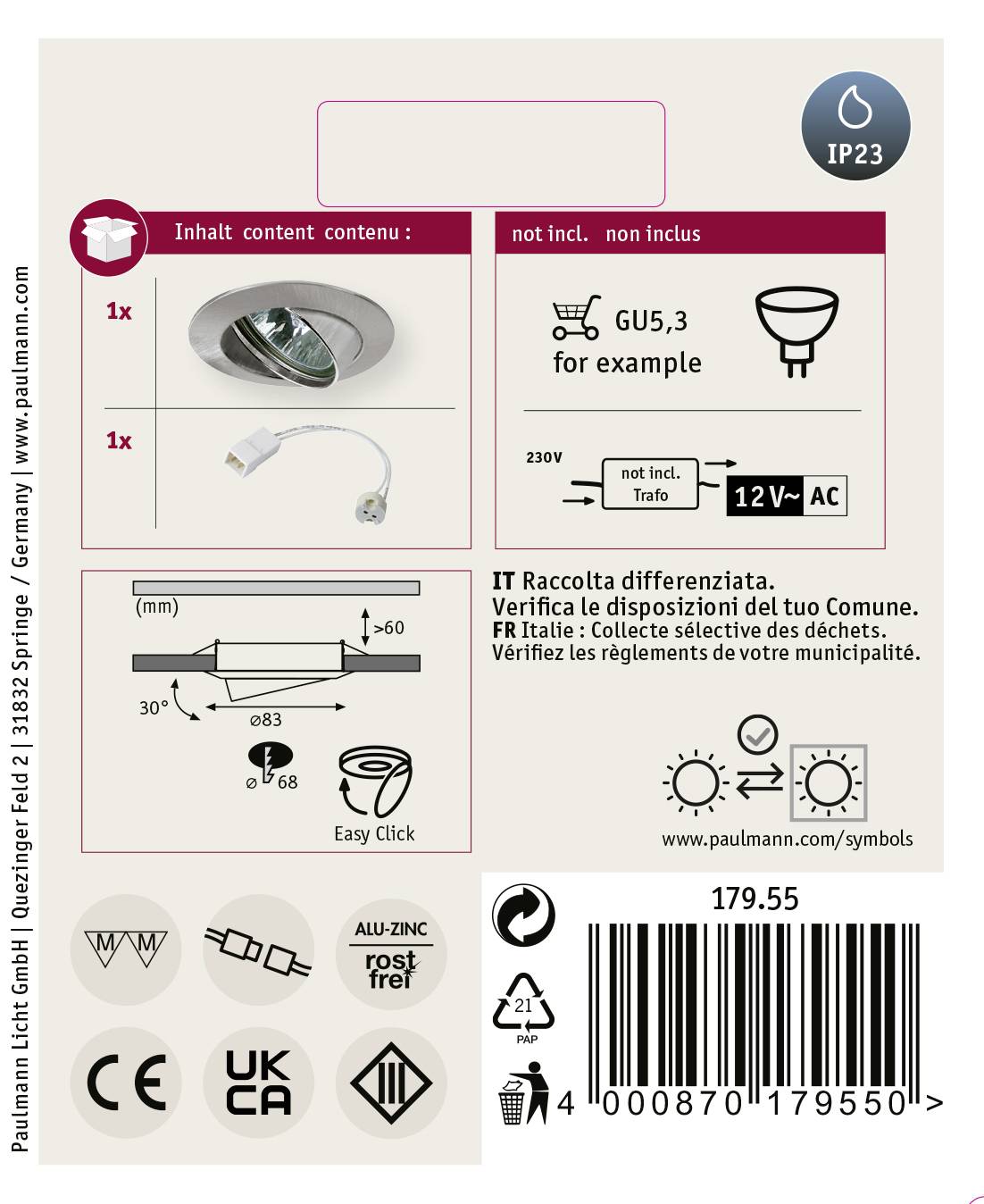 'Paulmann Svetlo', Popis lampy: GU5,3, 12V-AC, IP23, priemer 83 mm, montážna hĺbka 50 mm, rôzne symboly, pokyny na recykláciu.