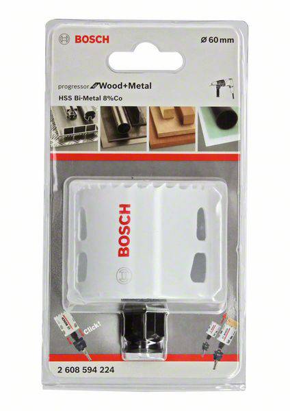'Obal pílového listu Bosch s nápisom Wood+Metal. Vhodný pre drevo a kov, 60 mm. Obrázok použitia.'