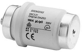 Poistková vložka Siemens, model 5SC2 21, 100A, 500V, valcový tvar, používaná na nadprúdovú ochranu v elektrických zariadeniach.