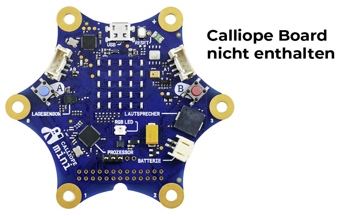Elektronická doska so senzormi a konektormi, obklopená textom 'Doska Calliope nie je súčasťou balenia', zobrazuje technické detaily.