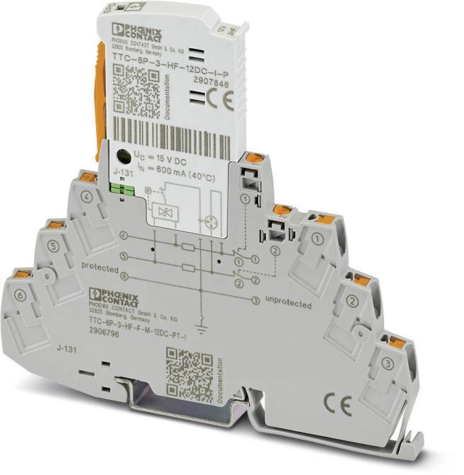 Elektronické zariadenie od Phoenix Contact na ochranu elektronických systémov, so sivými a oranžovými konektormi, viditeľné označenie modelu.