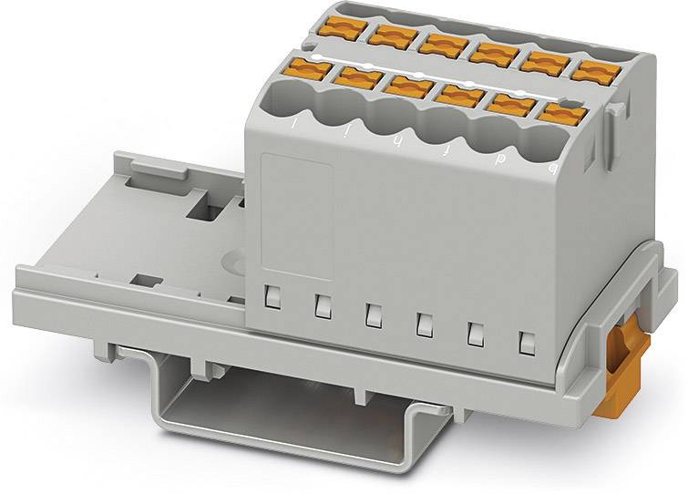 Šedo-oranžový svorkovnicový blok na montážnej doske; slúži na elektrické prepojenia, číslované svorky od 1 do 9 sú viditeľné.