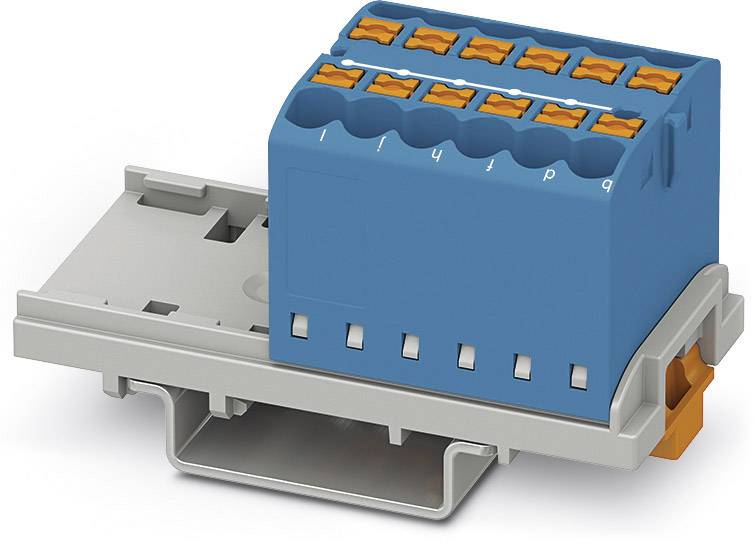 Modrý elektrický konektor na sivom montážnom klipe, používaný na bezpečné zapojenie v elektrických systémoch.