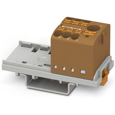Hnedý elektrický svorkovnicový modul namontovaný na sivom DIN lište, vhodný na prepojenie káblov.