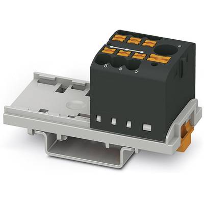 Elektrický konektor s čiernym púzdrom a oranžovými prípojkami, namontovaný na sivej nosnej lište.
