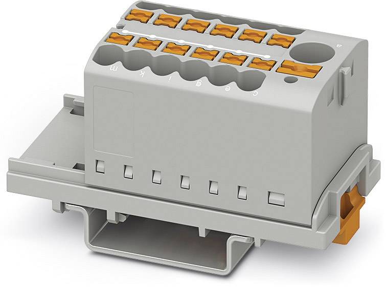 Šedý elektrický konektor s oranžovými ovládacími prvkami, vhodný pre použitie v rozvádzačoch.