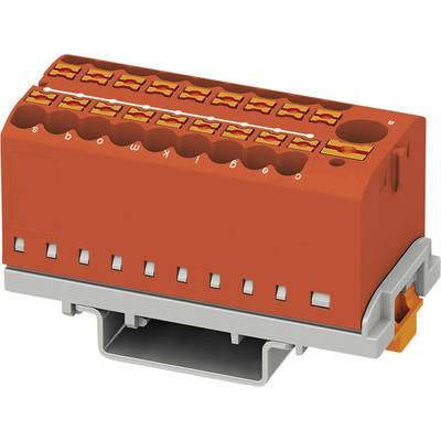 Červený, obdĺžnikový elektrický konektor s viacerými zdierkami, namontovaný na sivom podstavci.