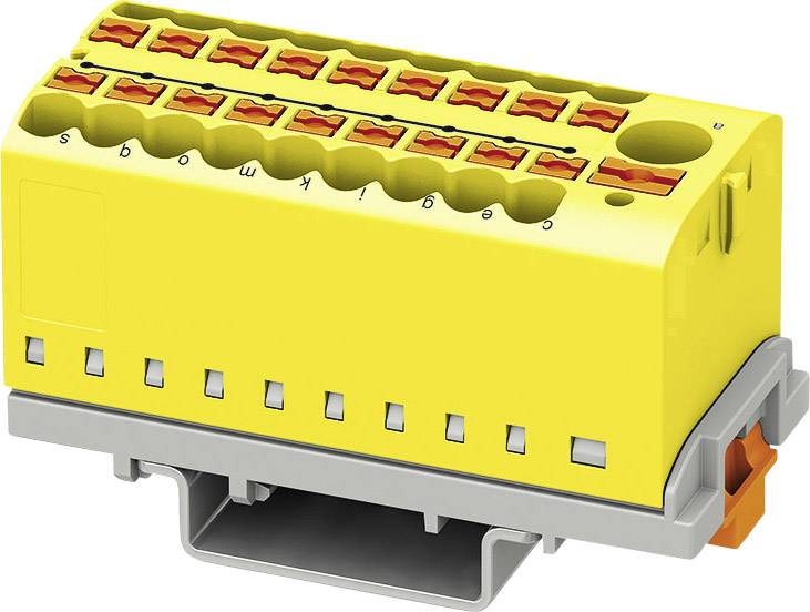 Žltý elektrický rozvodný blok s viacerými svorkami. Obsahuje označenia písmenami od s po t.