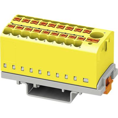 Žltý elektrický rozvodný blok s viacerými svorkami. Obsahuje označenia písmenami od s po t.