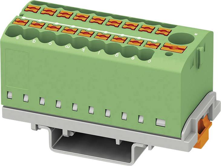 Zelený elektrický svorkovnicový blok s oranžovými pákami a označením od a po s, namontovaný na sivom podstavci.