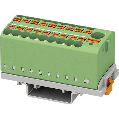 Zelený elektrický svorkovnicový blok s oranžovými pákami a označením od a po s, namontovaný na sivom podstavci.