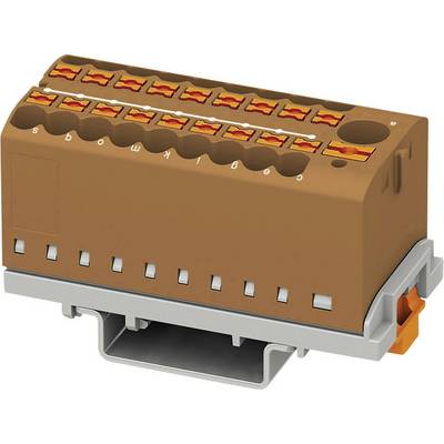 Hnedý elektrický konektor pre viacnásobné pripojenia s oranžovými svorkami, namontovaný na sivom adaptéri.