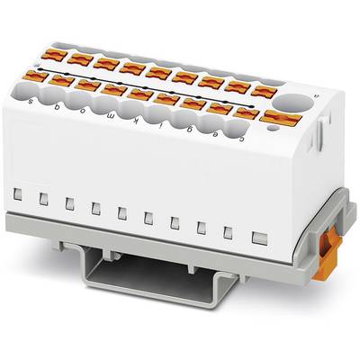 Biela elektrická svorka s oranžovými pákami na bezpečné prepojenie káblov na sivej montážnej lište.