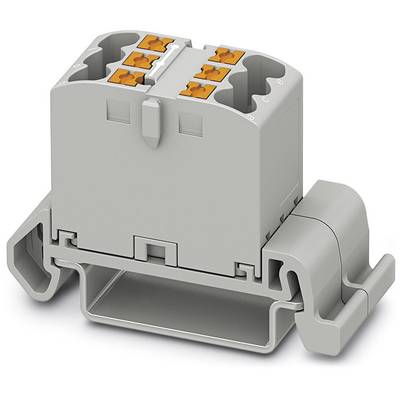 Sivý elektrický svorkovnicový blok s oranžovými svorkami na upevňovacej lište. Vhodný pre montáž na DIN lištu.