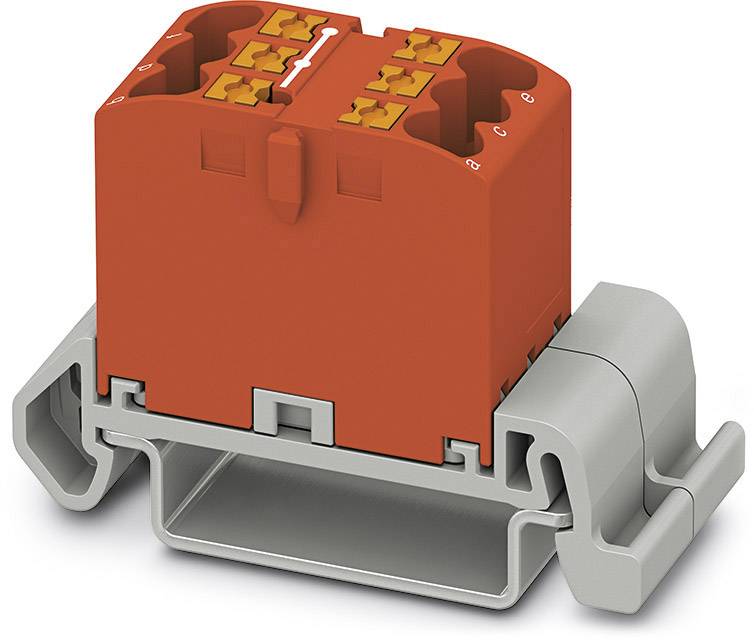 Červený rozvodný blok na sivej nosnej lište. Má viacero konektorových miest a je určený pre elektrickú kabeláž.