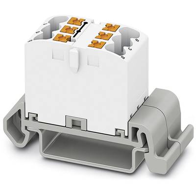 Biely viacpólový konektor na sivom držiaku s oranžovými svorkami na hornej strane, používaný v elektrických aplikáciách.