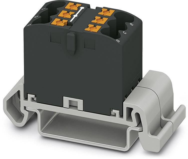 Čierny elektrický konektor na sivej upevňovacej svorke, vhodný na upevnenie na DIN lištu.