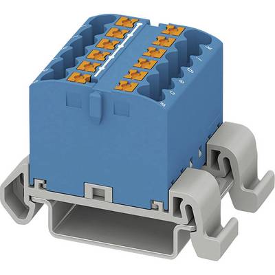 Modrý, modulárny elektrický konektor so sivým krytom, vhodný na montáž na DIN lištu, s viacerými prípojkami.