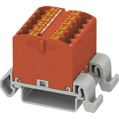 Červený prvok elektrickej konektora na šedom montážnom držiaku, ktorý slúži na upevnenie a prepojenie elektrických vodičov.