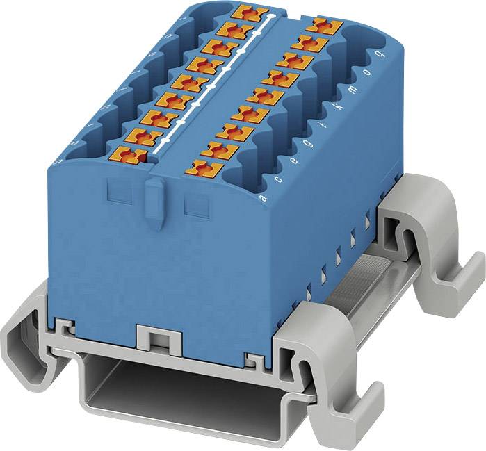 Modrý, obdĺžnikový elektrický konektor s oranžovými svorkami sedí na sivom držiaku.