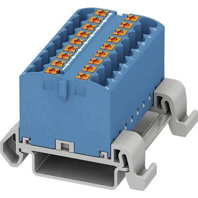 Modrý, obdĺžnikový elektrický konektor s oranžovými svorkami sedí na sivom držiaku.