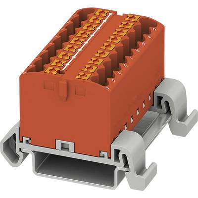 Červená elektrická svorková lišta s oranžovými kontaktmi, namontovaná na sivom nosnom prvku.