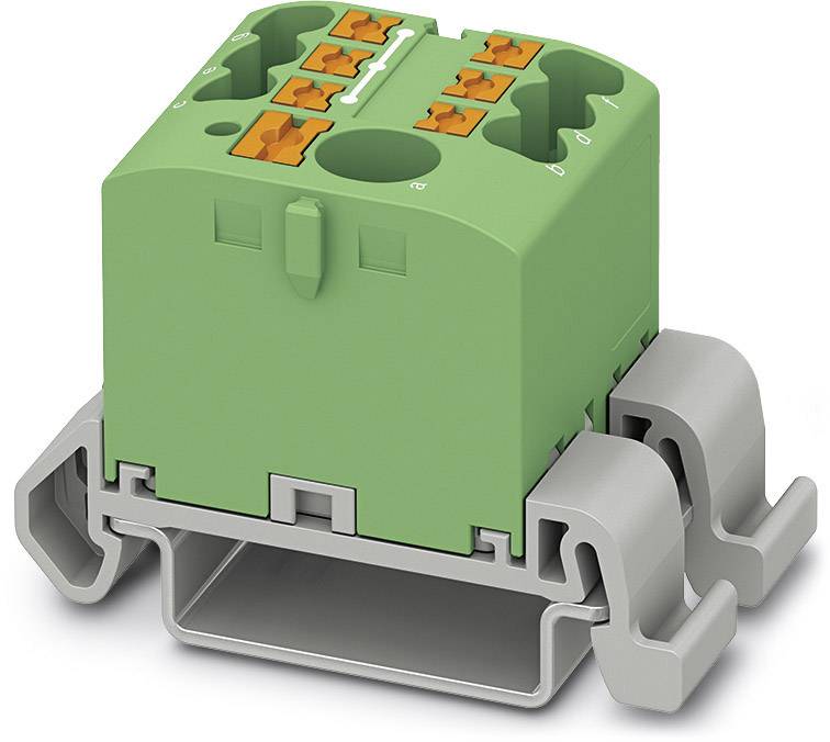 Zelený elektrický prepojovací modul na sivom podstavci s viacerými oranžovými konektormi.