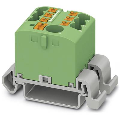 Zelený elektrický prepojovací modul na sivom podstavci s viacerými oranžovými konektormi.