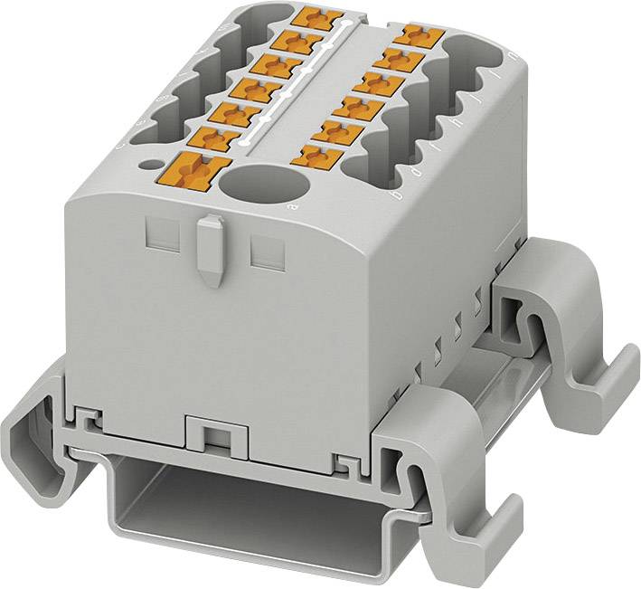 Sivý elektrický svorkovnicový blok s oranžovými pákami, vhodný na upevnenie káblov v elektrických rozvádzačoch.