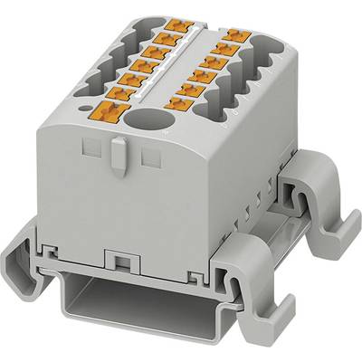 Sivý elektrický svorkovnicový blok s oranžovými pákami, vhodný na upevnenie káblov v elektrických rozvádzačoch.