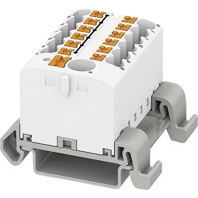Viacpólový elektrický konektor s oranžovými pákami na sivom držiaku, určený na bezpečné prepojenie káblov.