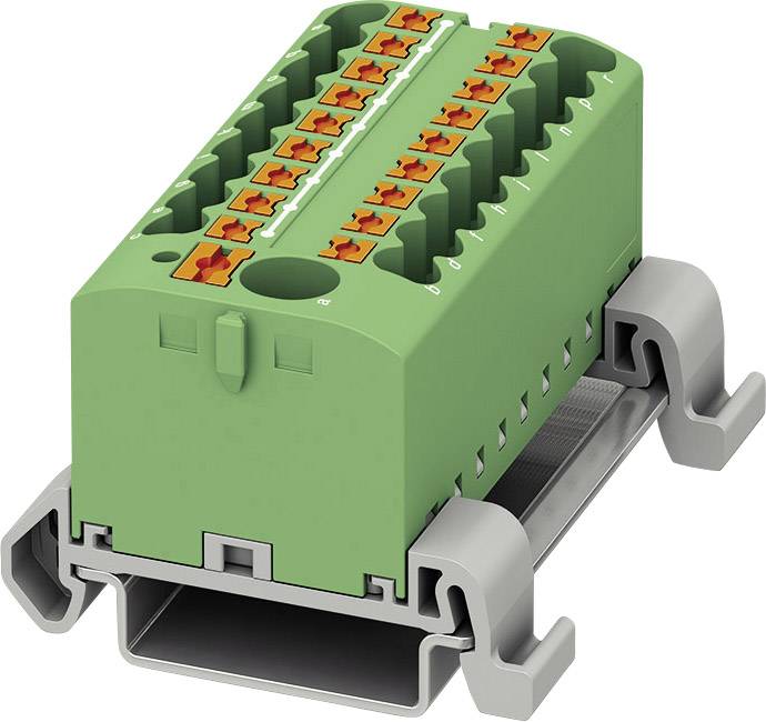 Zelený elektrický konektor na sivom držiaku s viacerými oranžovými konektormi pre káblové pripojenia.