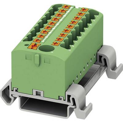 Zelený elektrický konektor na sivom držiaku s viacerými oranžovými konektormi pre káblové pripojenia.