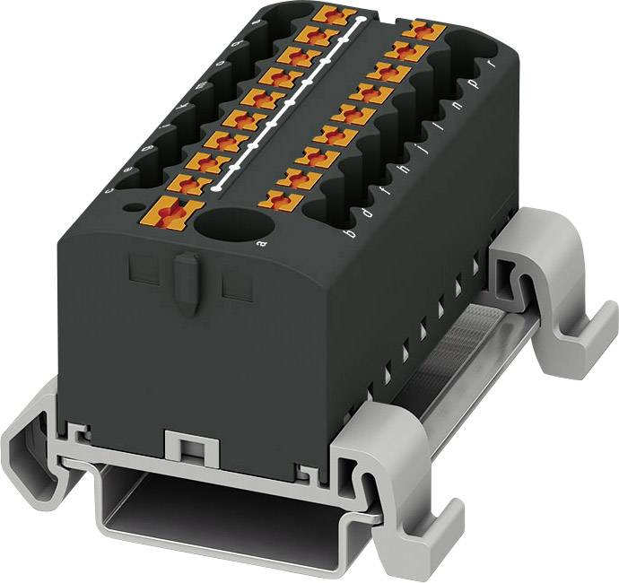 Elektrická svorkovnica s viacerými oranžovými svorkami na sivej základni, používaná na bezpečné zapojenie v elektrických rozvádzačoch.