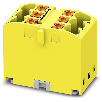 Žltá elektrická prípojná súčiastka so šiestimi červeno vyznačenými svorkami, pravdepodobne určená pre priemyselné alebo technické použitie.
