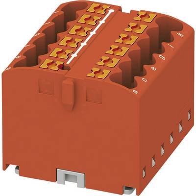 Oranžový, obdĺžnikový elektrický konektor s viacerými zásuvkami a svorkami, označený písmenami a až h.