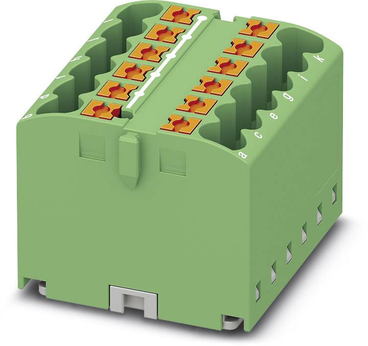 Zelený elektronický konektor s oranžovými svorkovými pákami, používaný na zapojenie v elektrických inštaláciách.