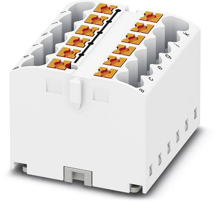 Biely elektrický konektor s viacerými pripojeniami a oranžovými pákami, určený na prepájanie káblov v obvode.
