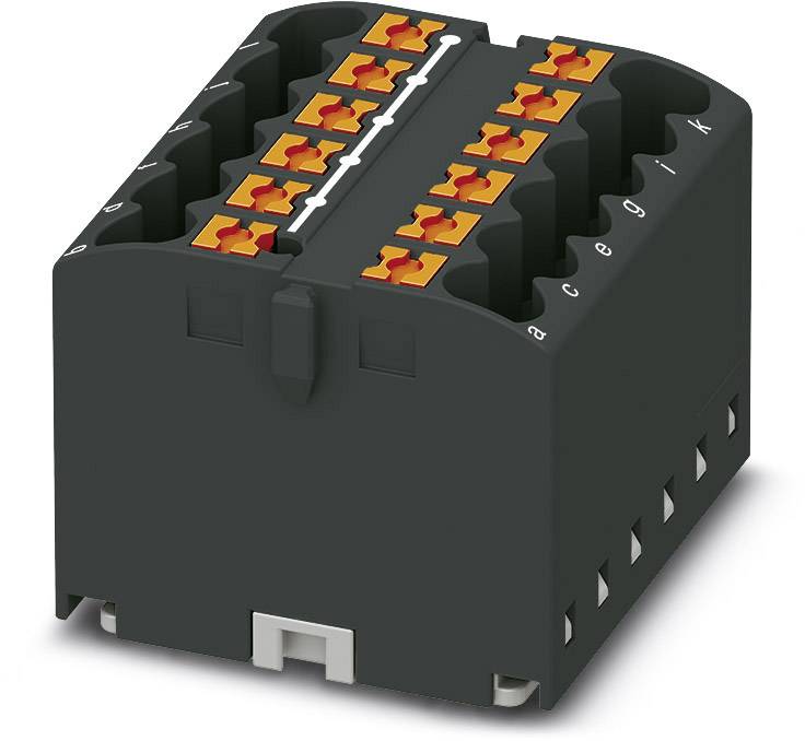 Čierne elektrické pripájacie modul s viacerými oranžovými konektormi v hornej časti, vhodný pre montáž do rozvádzačov.