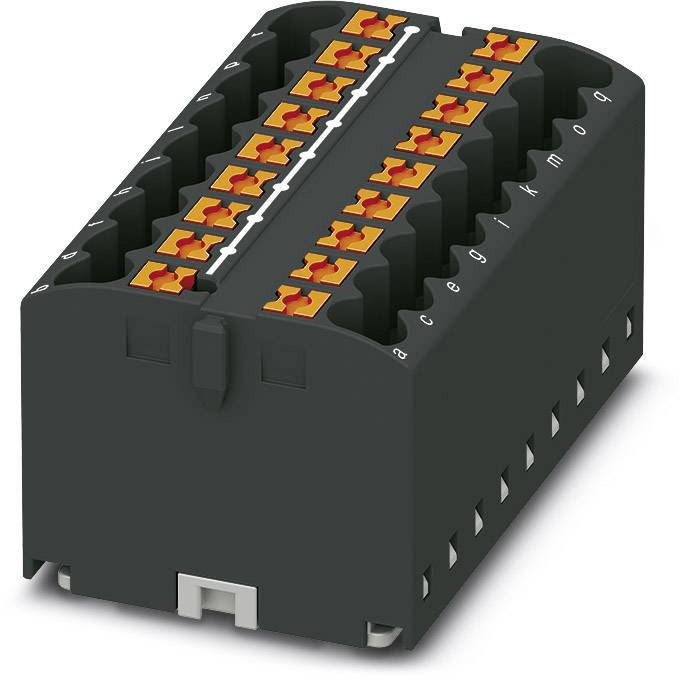 Čierny elektronický konektor s oranžovými svorkami, vhodný pre montáž v priemyselných riadiacich systémoch.