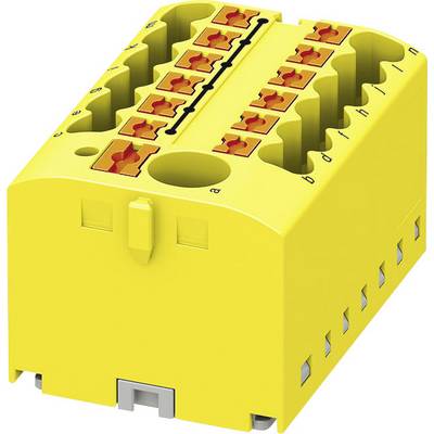 Žltý elektrický zástrčný modul s viacerými svorkovnicami. Vhodný pre káblové prepojenia v rozvádzačoch.