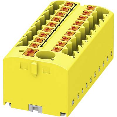 Žltý elektrický modul konektora s viacerými vývodmi, vhodný pre priemyselné aplikácie alebo káblové systémy.