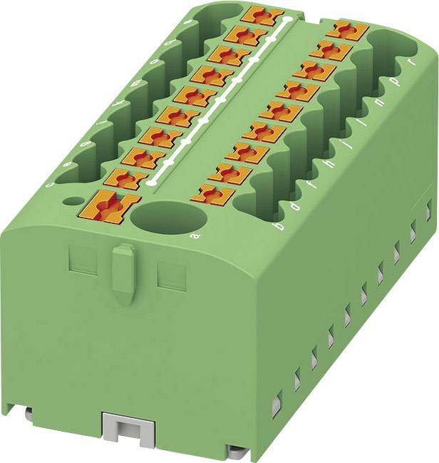 Zelený elektrický konektor s oranžovými svorkami, vhodný pre priemyselné aplikácie a zapojenie.