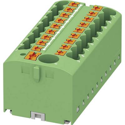 Zelený elektrický konektor s oranžovými svorkami, vhodný pre priemyselné aplikácie a zapojenie.